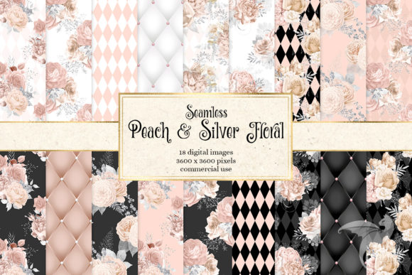 Peach and Silver Floral Digital Paper